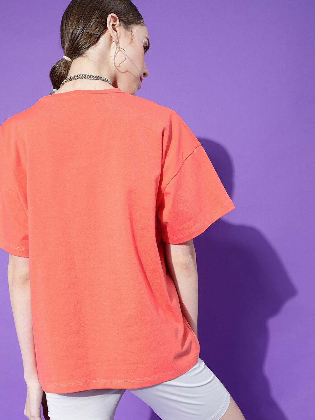 STREET 9 Women Coral Typography Printed Oversized Cotton Outdoor T-shirt