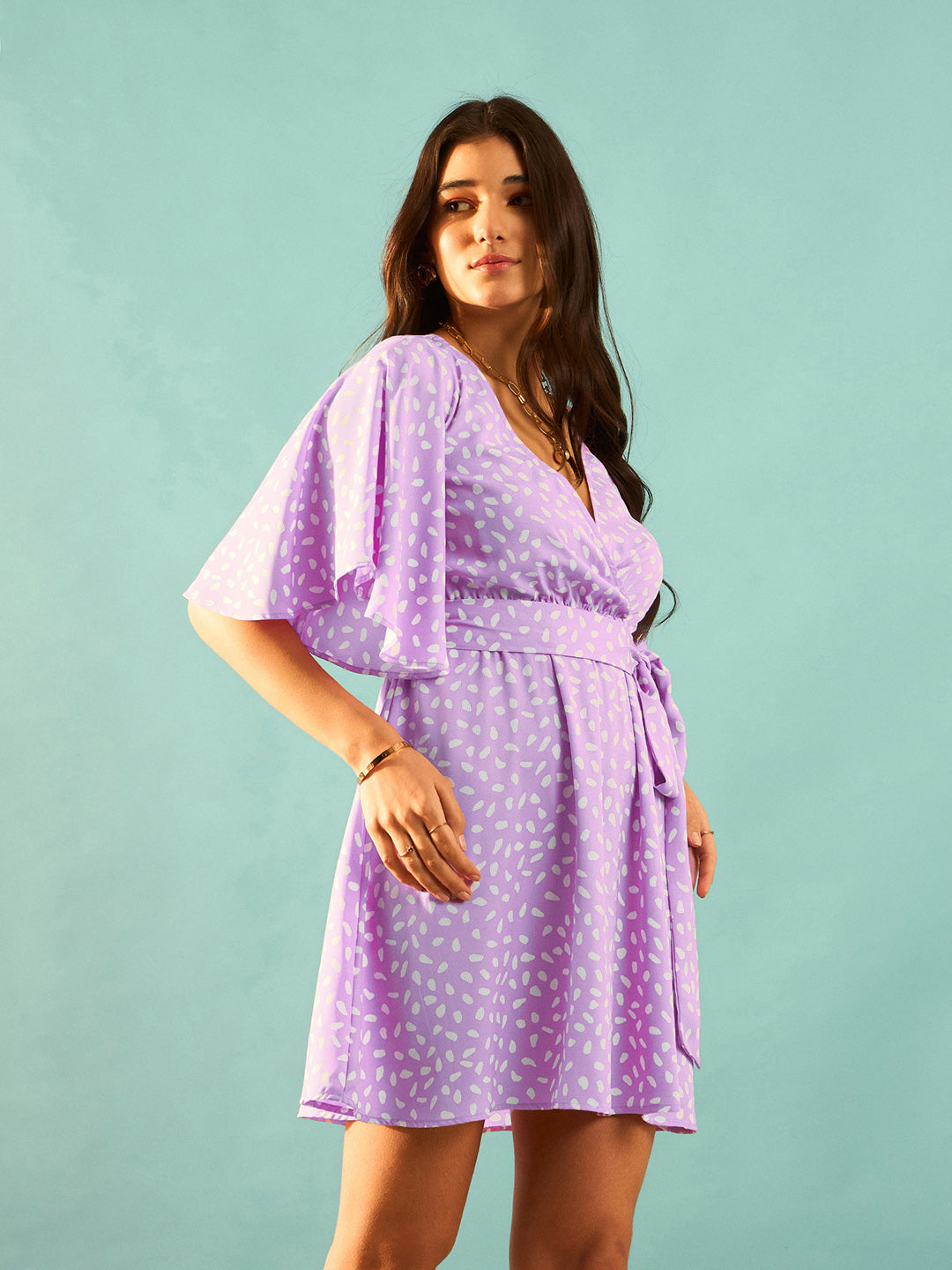 Berrylush Purple Printed Flutter Sleeve Wrap Mini Dress