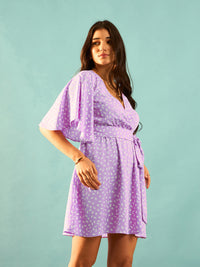 Berrylush Purple Printed Flutter Sleeve Wrap Mini Dress