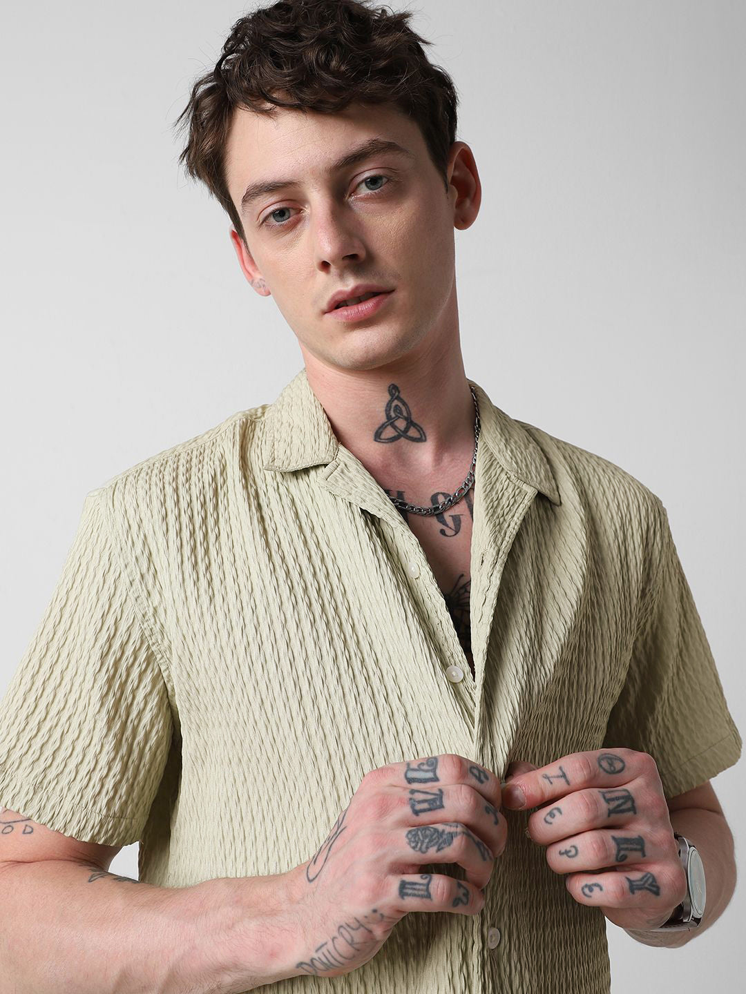 VASTRADO Men Classic Cuban Collar Popcorn Texture Oversized Casual Shirt