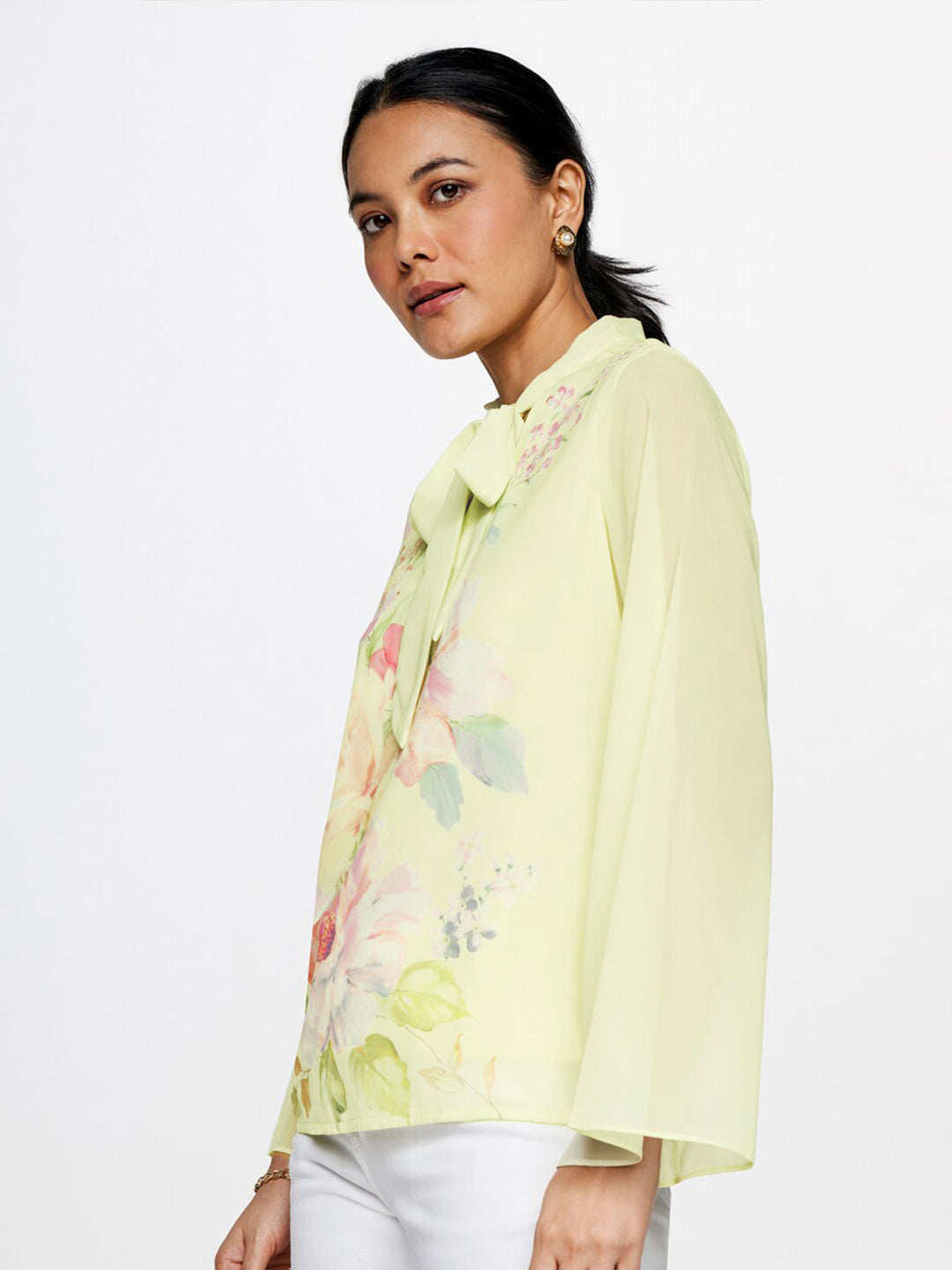 AND Floral Printed Tie-Up Neck Flared Sleeves Top