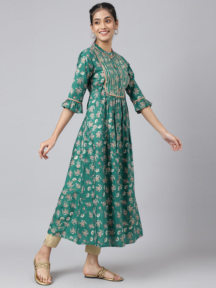 AURELIA Women Green Ethnic Motifs Printed Keyhole Neck Kurta