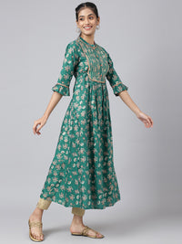 AURELIA Women Green Ethnic Motifs Printed Keyhole Neck Kurta