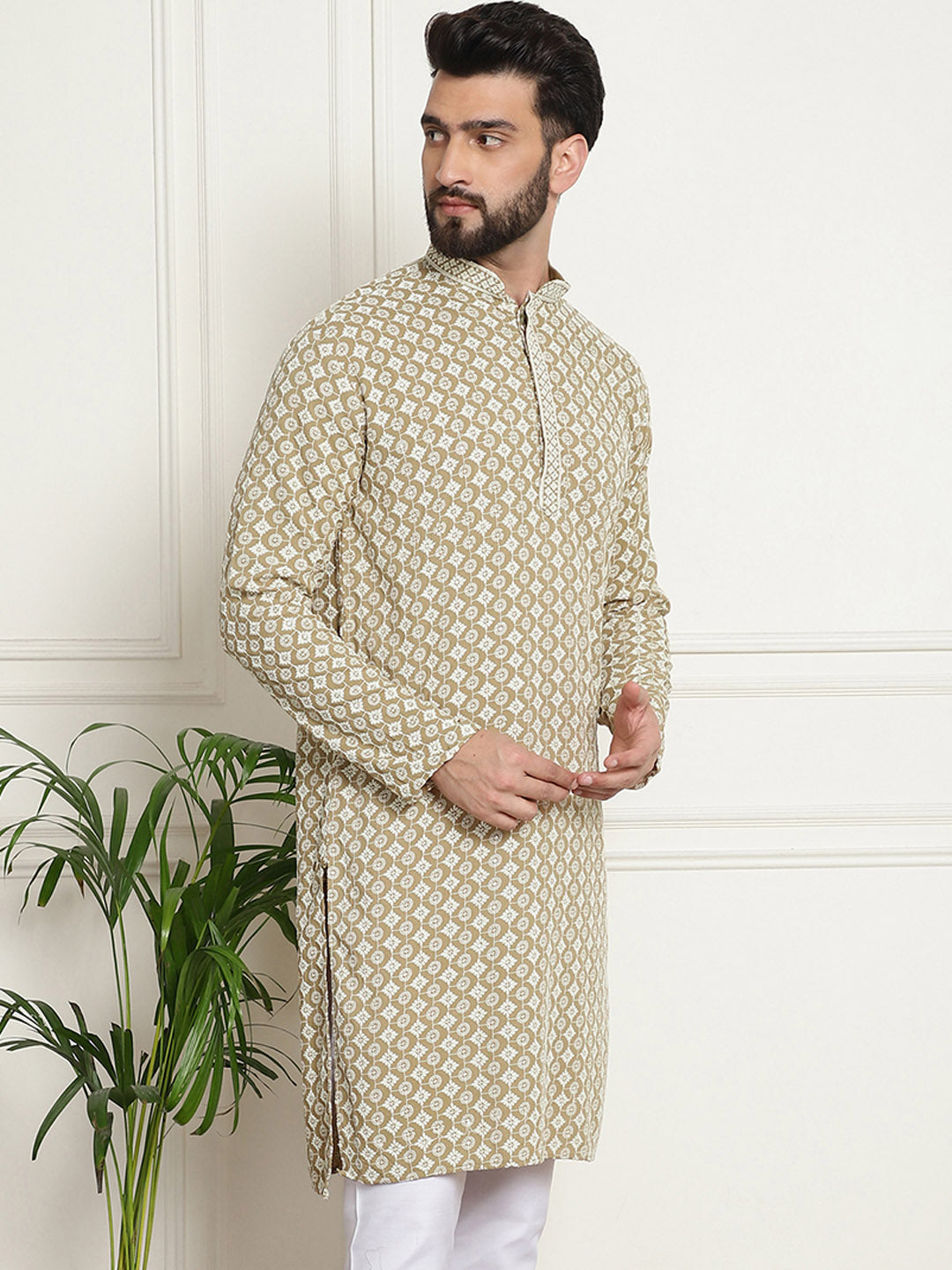 SOJANYA Ethnic Motifs Embroidered Mandarin Collar Sequined Pure Cotton Straight Kurta