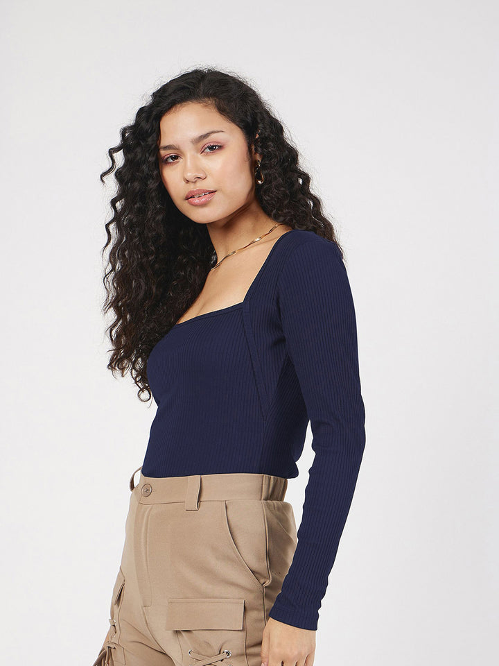 SASSAFRAS Women Square Neck Ribbed Regular Top