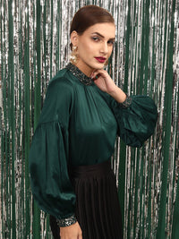 STREET 9 Puff Sleeves High Neck Embellished Satin Top