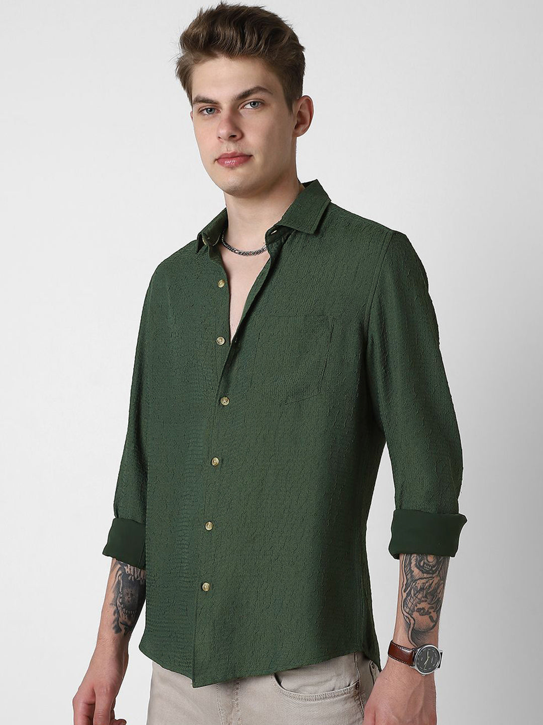 VASTRADO Men Classic Spread Collar Textured Slim Fit Casual Shirt