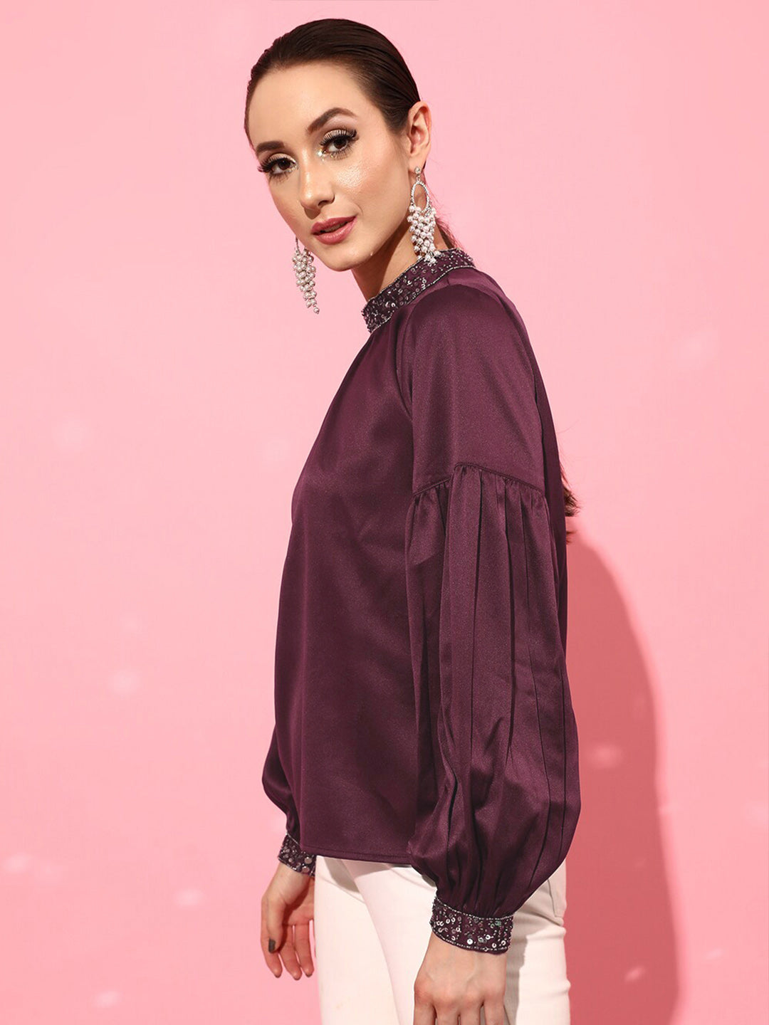 STREET 9 Burgundy Jewel Neck Top