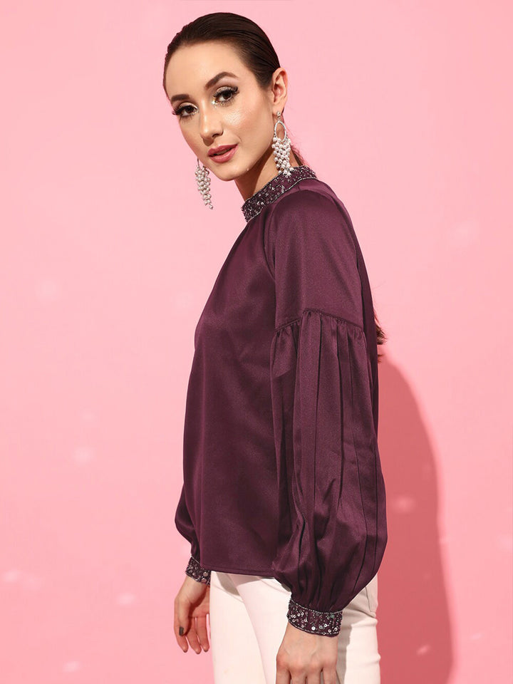 STREET 9 Burgundy Jewel Neck Top