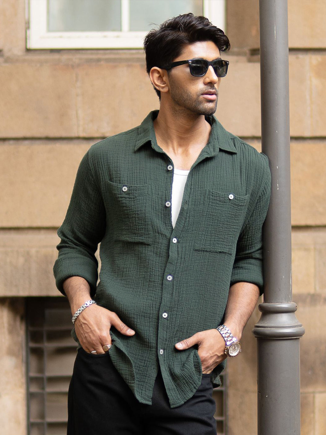 Powerlook Men Textured Spread Collar Cotton Casual Shirt
