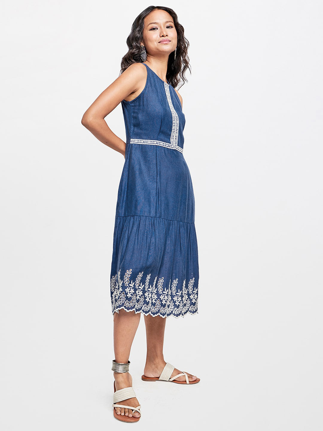 Global Desi Embroidered Round Neck A-Line Midi Dress