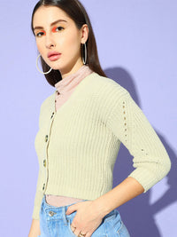 STREET 9 Women Beige Ribbed Crop Cardigan