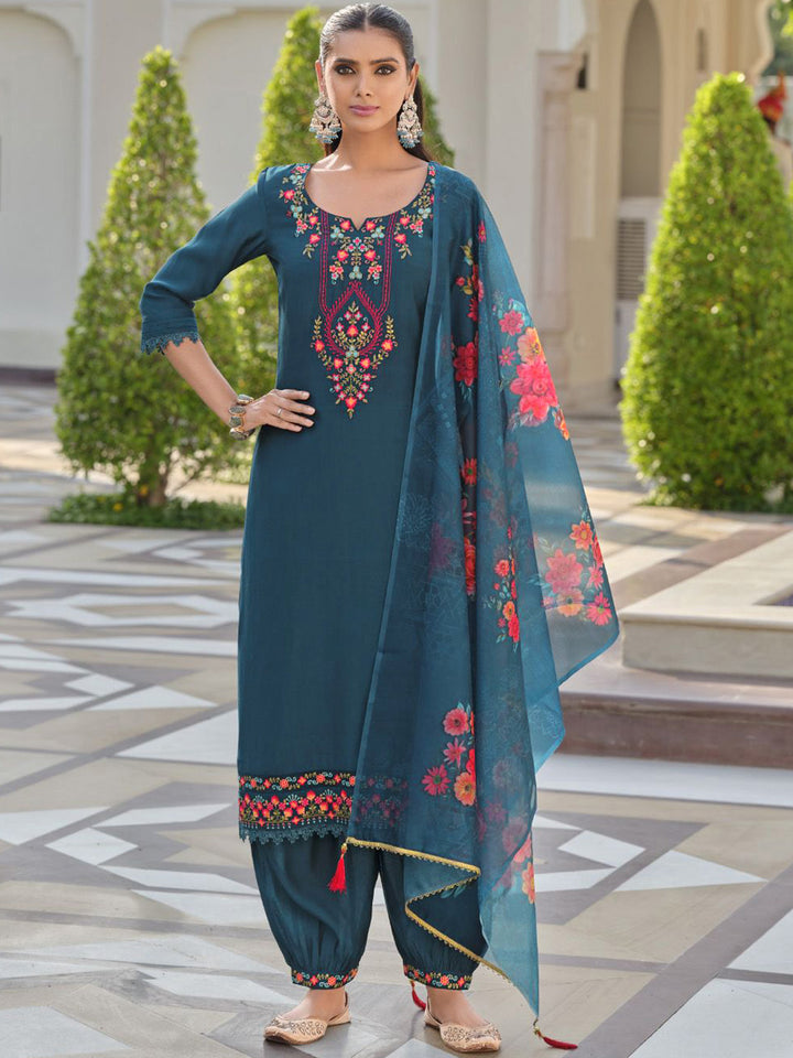 Varanga Floral Yoke Design Thread Work Straight Kurta With Salwar & Dupatta