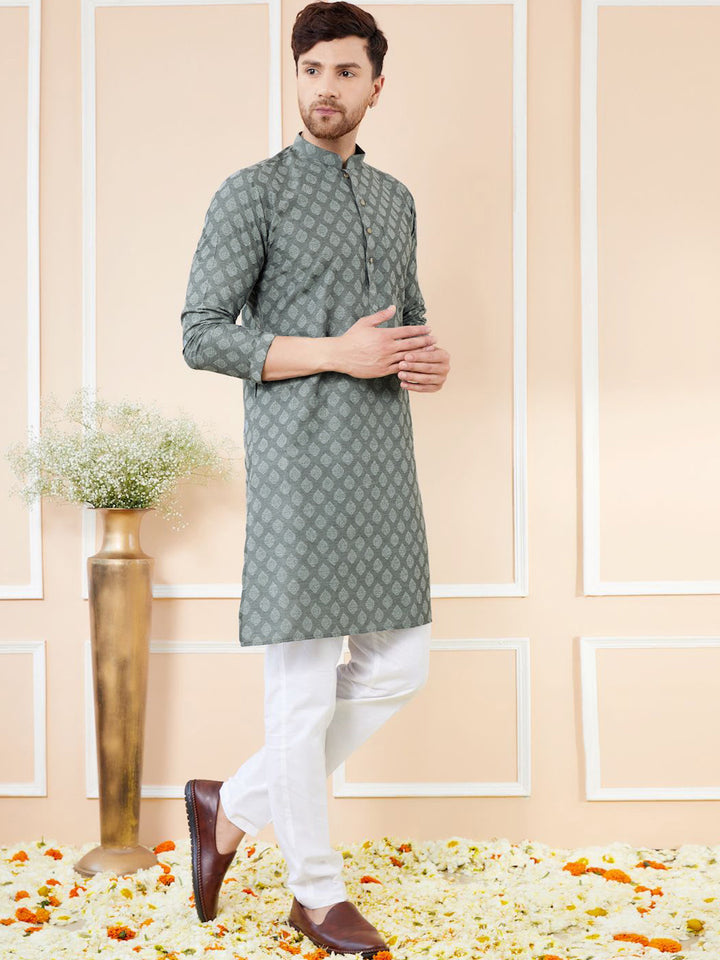 See Designs Ethnic Motifs Woven Design Mandarin Collar Straight Kurta With Pyjamas
