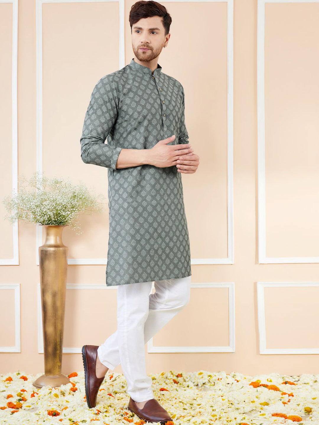See Designs Ethnic Motifs Woven Design Mandarin Collar Straight Kurta With Pyjamas