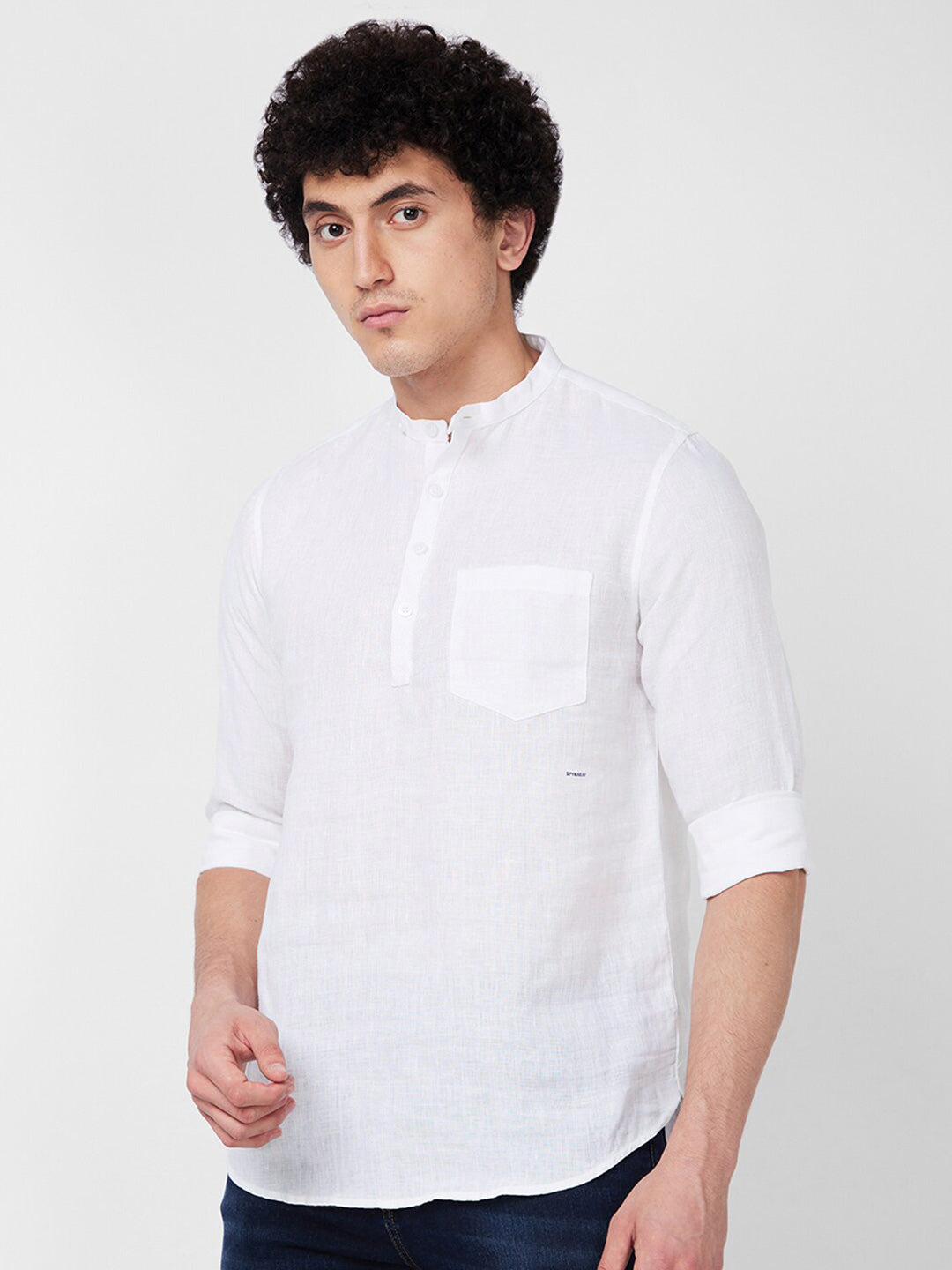 SPYKAR Mandarin Collar Long Sleeves Casual Linen Shirt