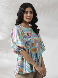 W Geometric Printed Puffed Sleeves Top