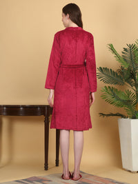 KLOTTHE Red Self Design Woollen Long Sleeves Bath Robe With Belt
