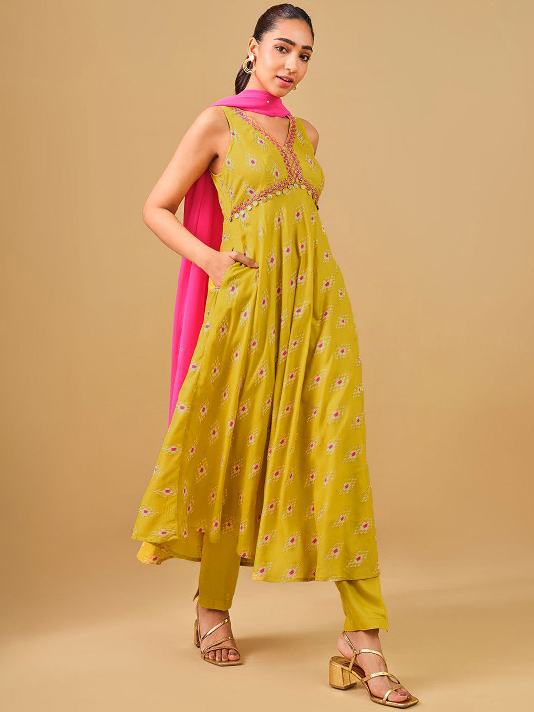 Global Desi Ethnic Motifs Printed Mirror Work Anarkali Kurta with Trousers & Dupatta