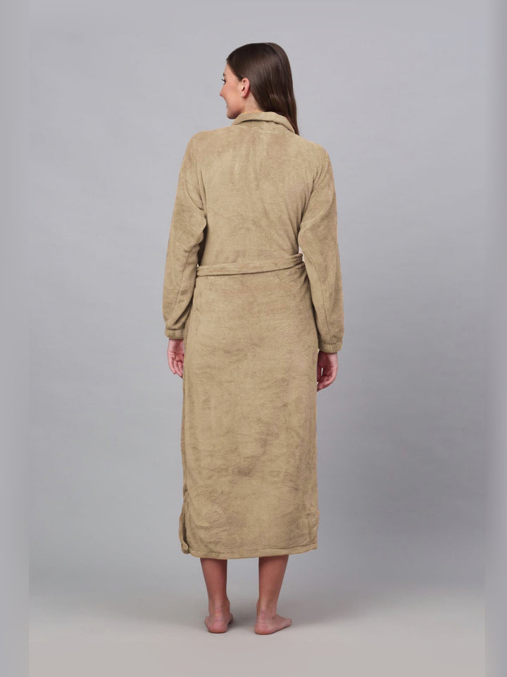 KLOTTHE Beige Woollen Long Sleeves Bath Robe With Belt
