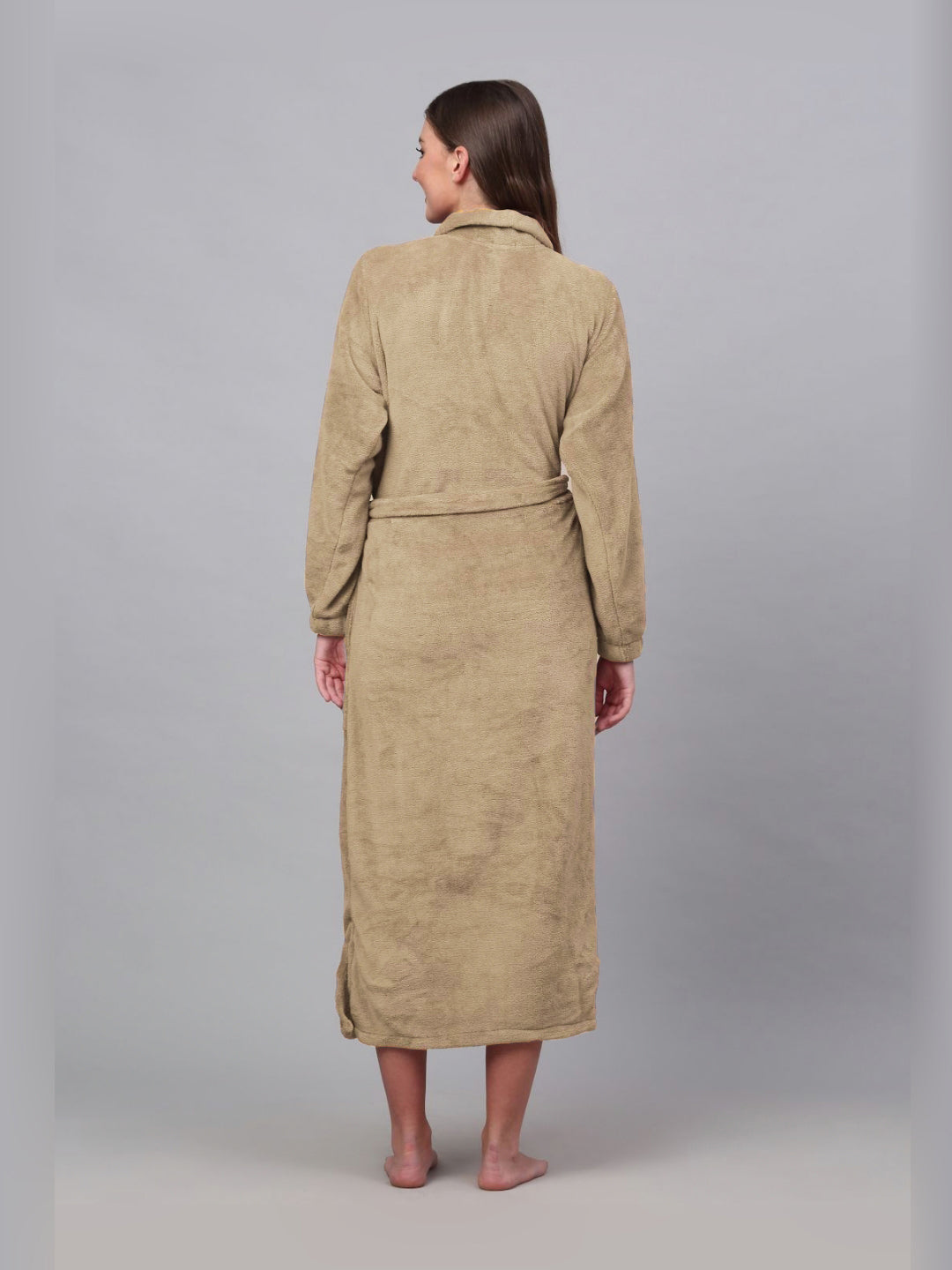 KLOTTHE Beige Woollen Long Sleeves Bath Robe With Belt