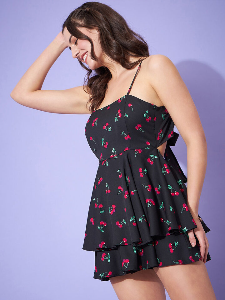 Berrylush Black Cherry Printed Shoulder Straps Sleeveless Tie-Up Layered Playsuit