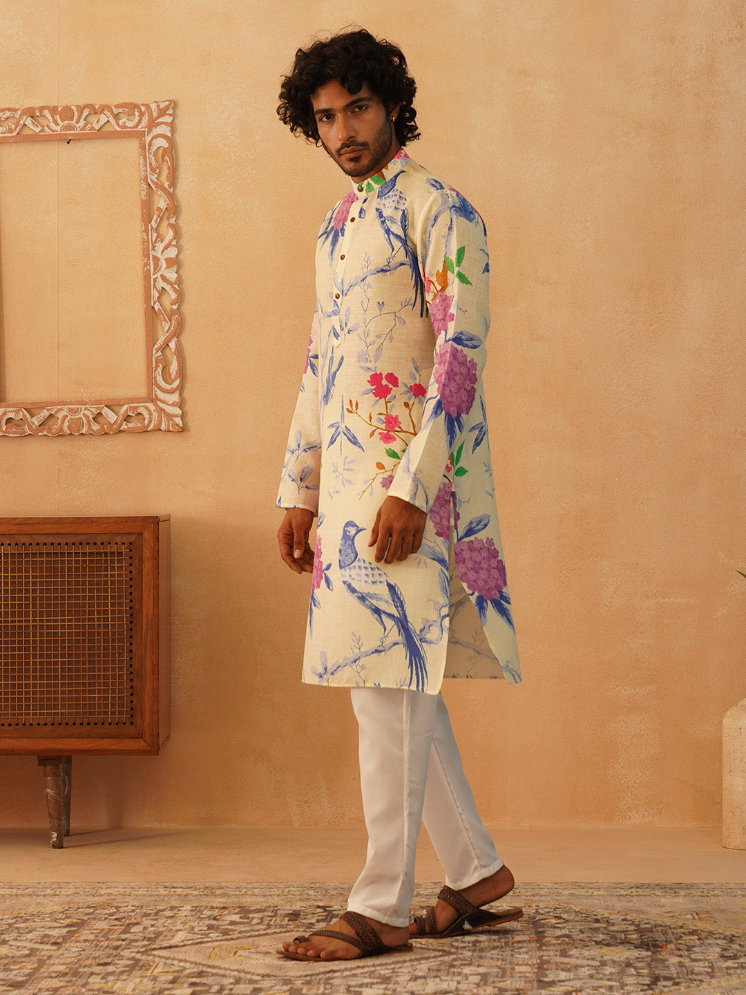 Jompers Floral Printed Pure Cotton Mandarin Collar Kurta With Trousers