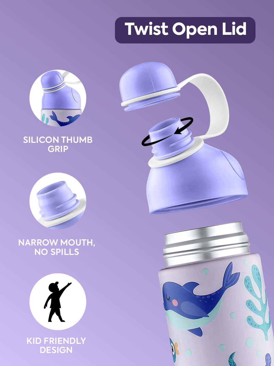 Pexpo Purple Printed Stainless Steel Double Wall Vacuum Water Bottle 470ml