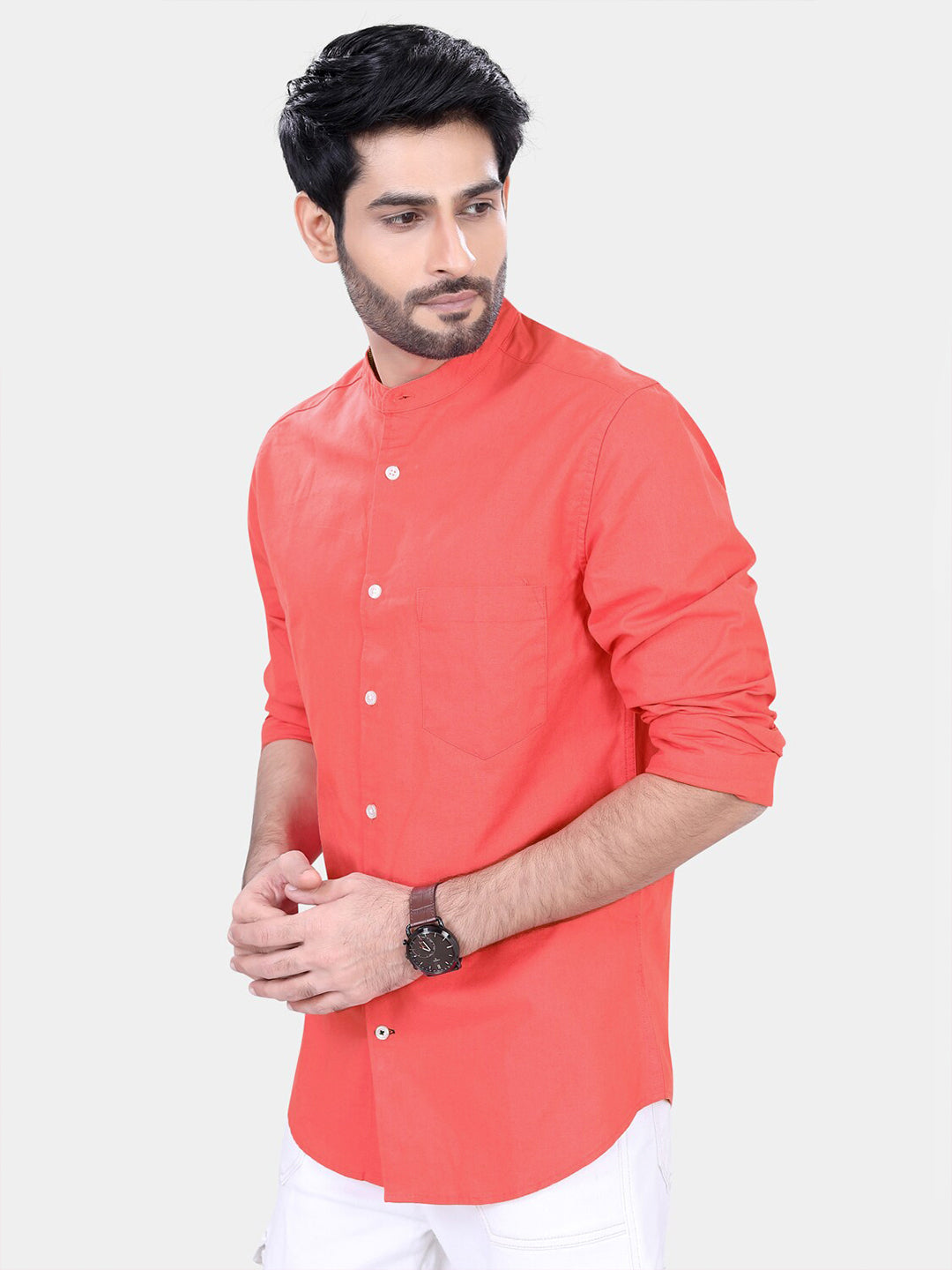 VASTRADO Classic Band Collar Slim Fit Pure Cotton Casual Shirt
