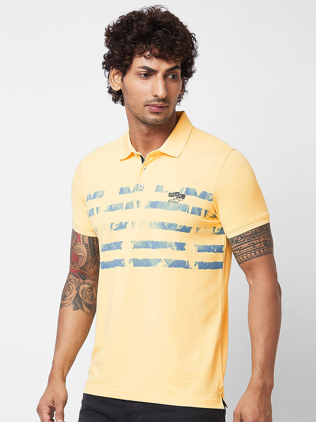 SPYKAR Polo Collar Short Sleeves Abstract Print Cotton Slim Fit T-shirt