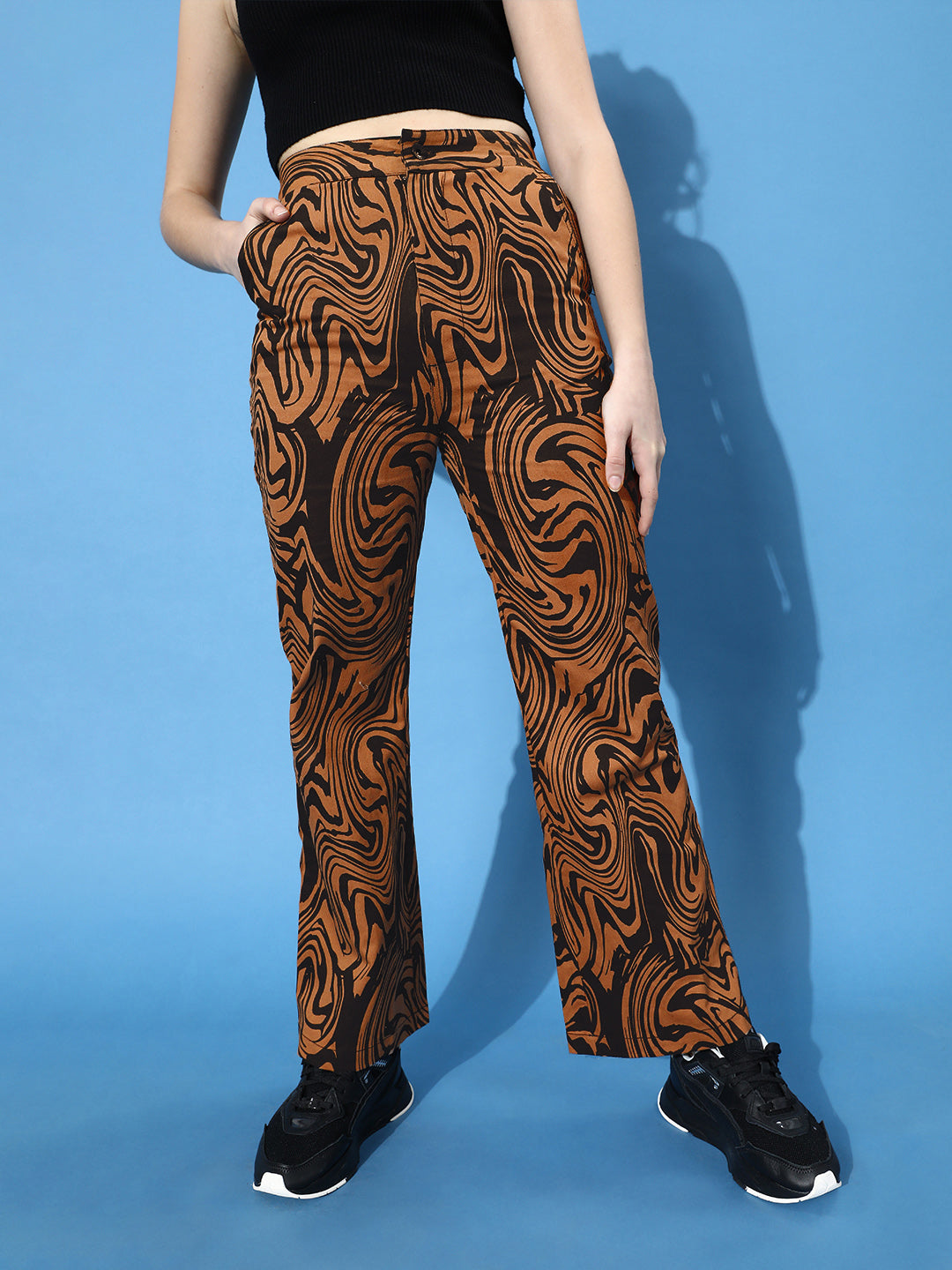 STREET 9 Women Deep Brown Printed Mid-Rise Trousers
