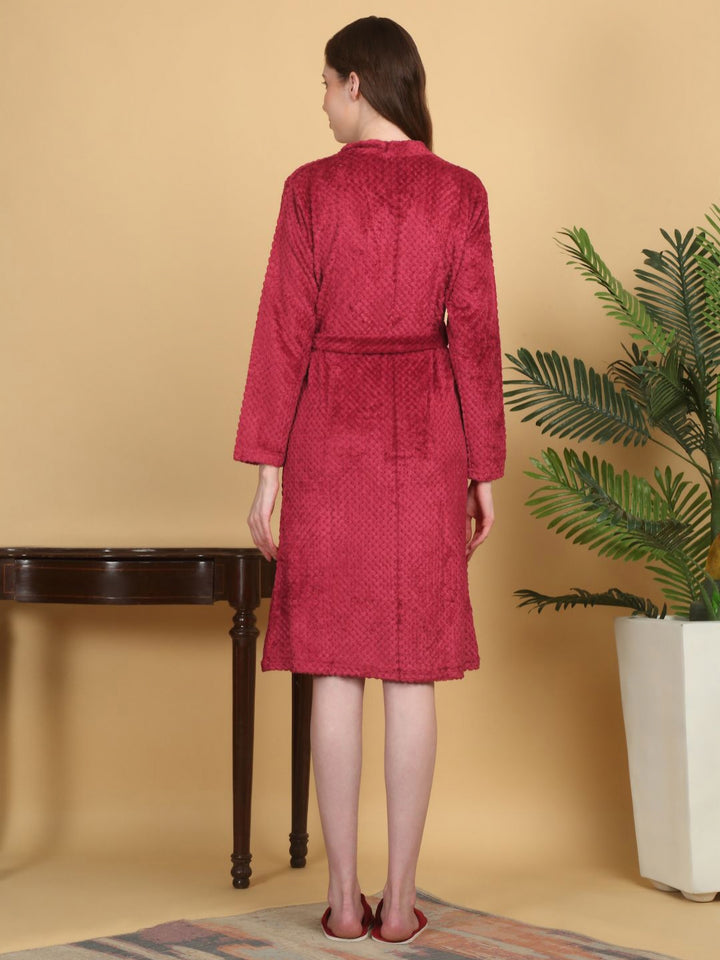 KLOTTHE Red Self Design Woollen Bath Robe With Belt