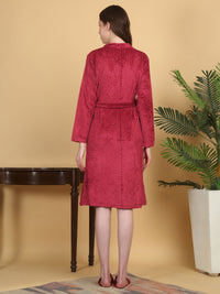 KLOTTHE Red Self Design Woollen Bath Robe With Belt