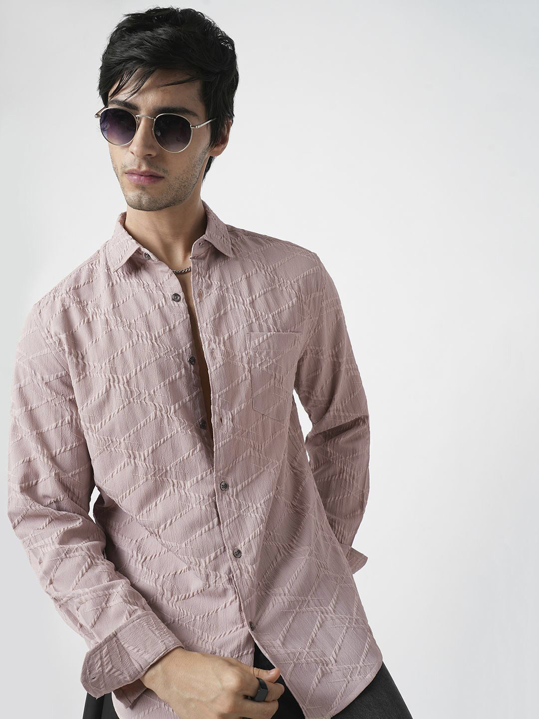 VASTRADO Men Classic Slim Fit Spread Collar Textured Casual Shirt