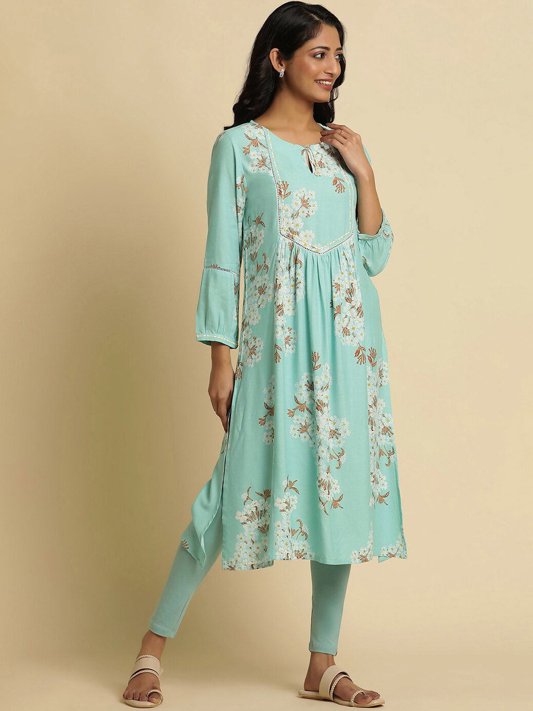W Blue Floral Printed Keyhole Neck Thread Work Empire A-Line Kurta