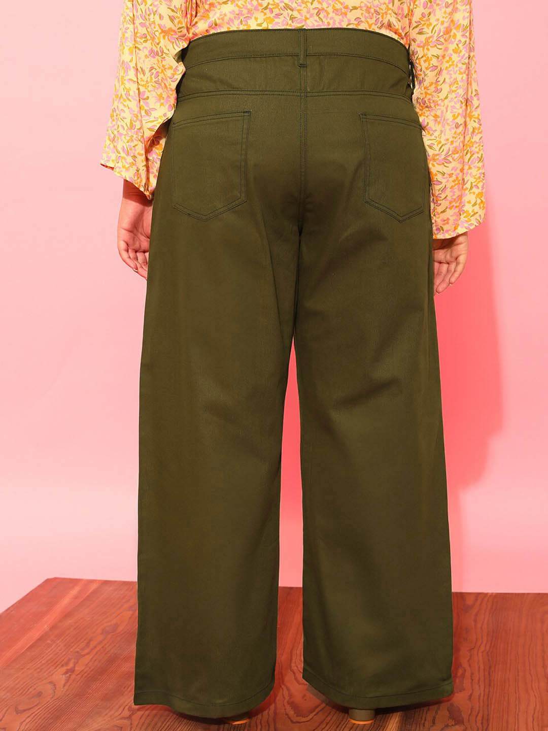 CURVY STREET Women Plus Size Olive Green Relaxed Straight Leg Pure Cotton Trousers