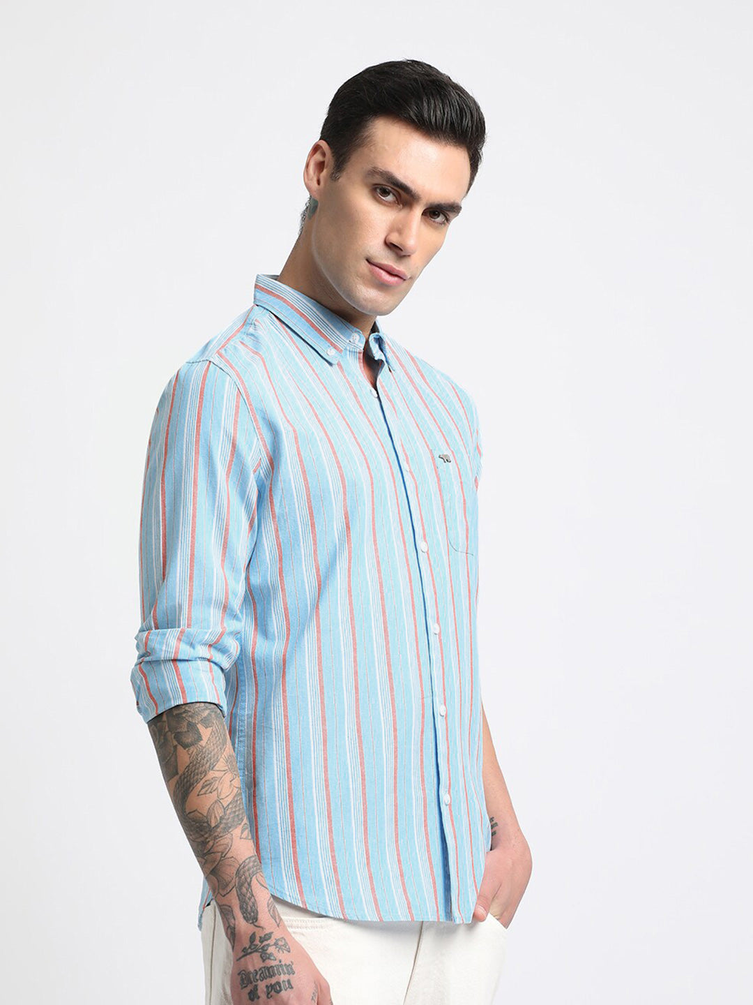 THE BEAR HOUSE Slim Fit Striped Spread Collar Cotton Casual Shirt