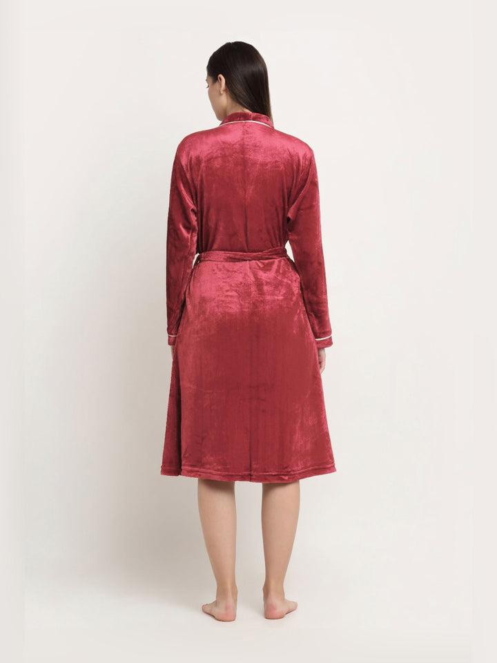 KLOTTHE Red Woolen Long Sleeves Bath Robe With Belt