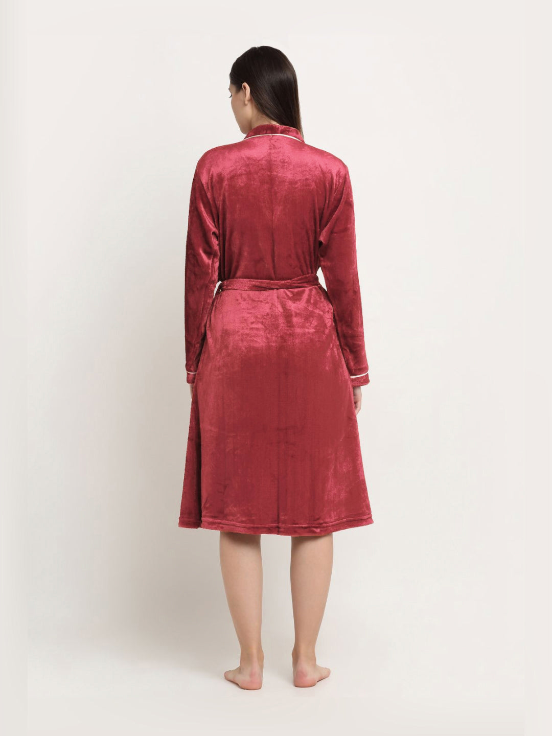 KLOTTHE Red Woolen Long Sleeves Bath Robe With Belt