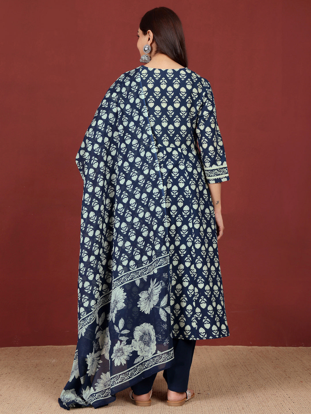 Varanga Floral Printed V-Neck Gotta Patti Pure Cotton A-Line Kurta With Trousers & Dupatta