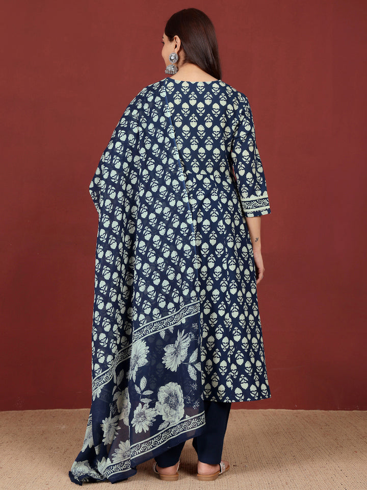 Varanga Floral Printed V-Neck Gotta Patti Pure Cotton A-Line Kurta With Trousers & Dupatta