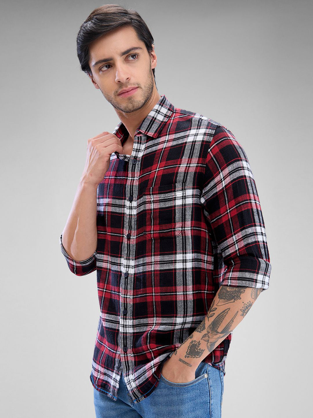 SPYKAR Men Tartan Checks Spread Collar Slim Fit Casual Shirt
