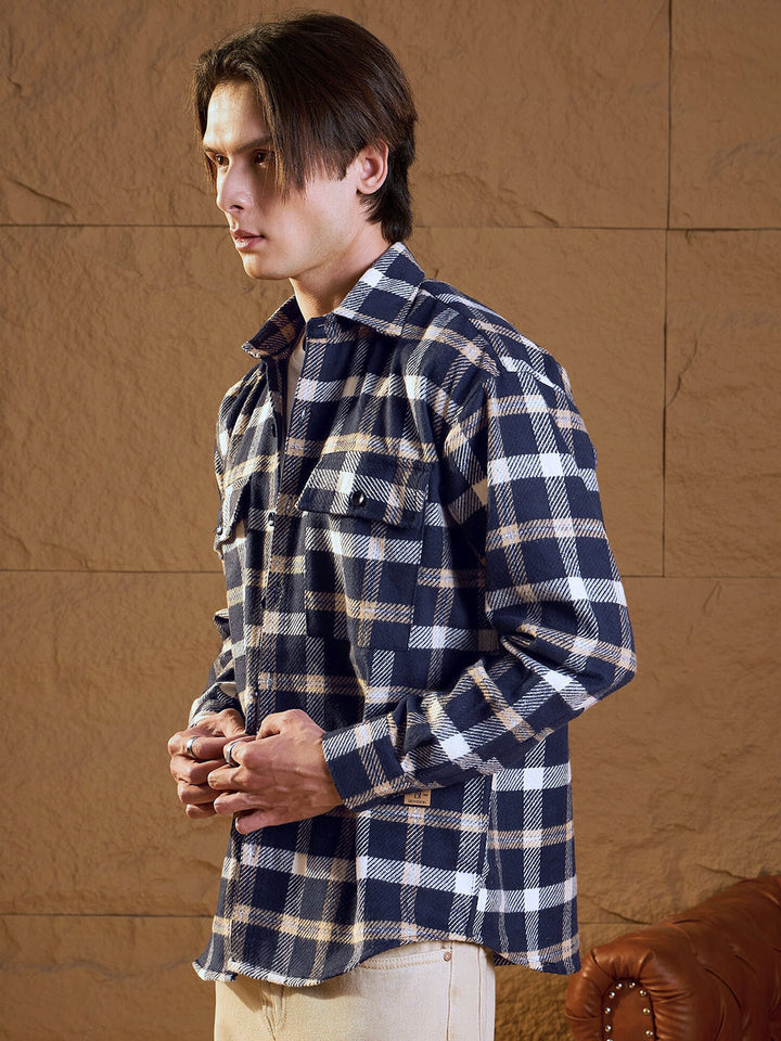 DENNISON Men Double Pocket Drop Shoulder Oversized Cotton Checked Shacket