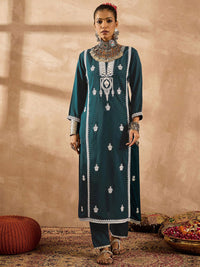 Indo Era Ethnic Motifs Embroidered Notch Neck Thread Work Straight Kurta