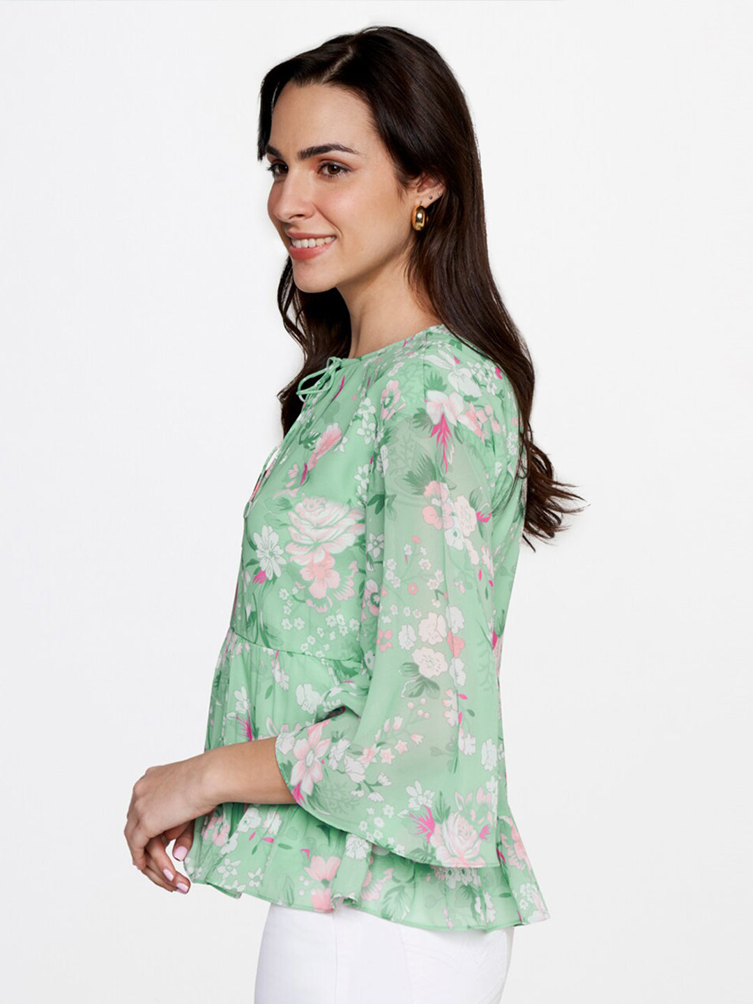 AND Green Floral Print Tie-Up Neck Peplum Top