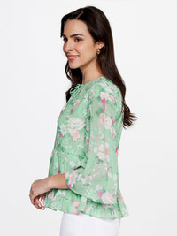AND Green Floral Print Tie-Up Neck Peplum Top