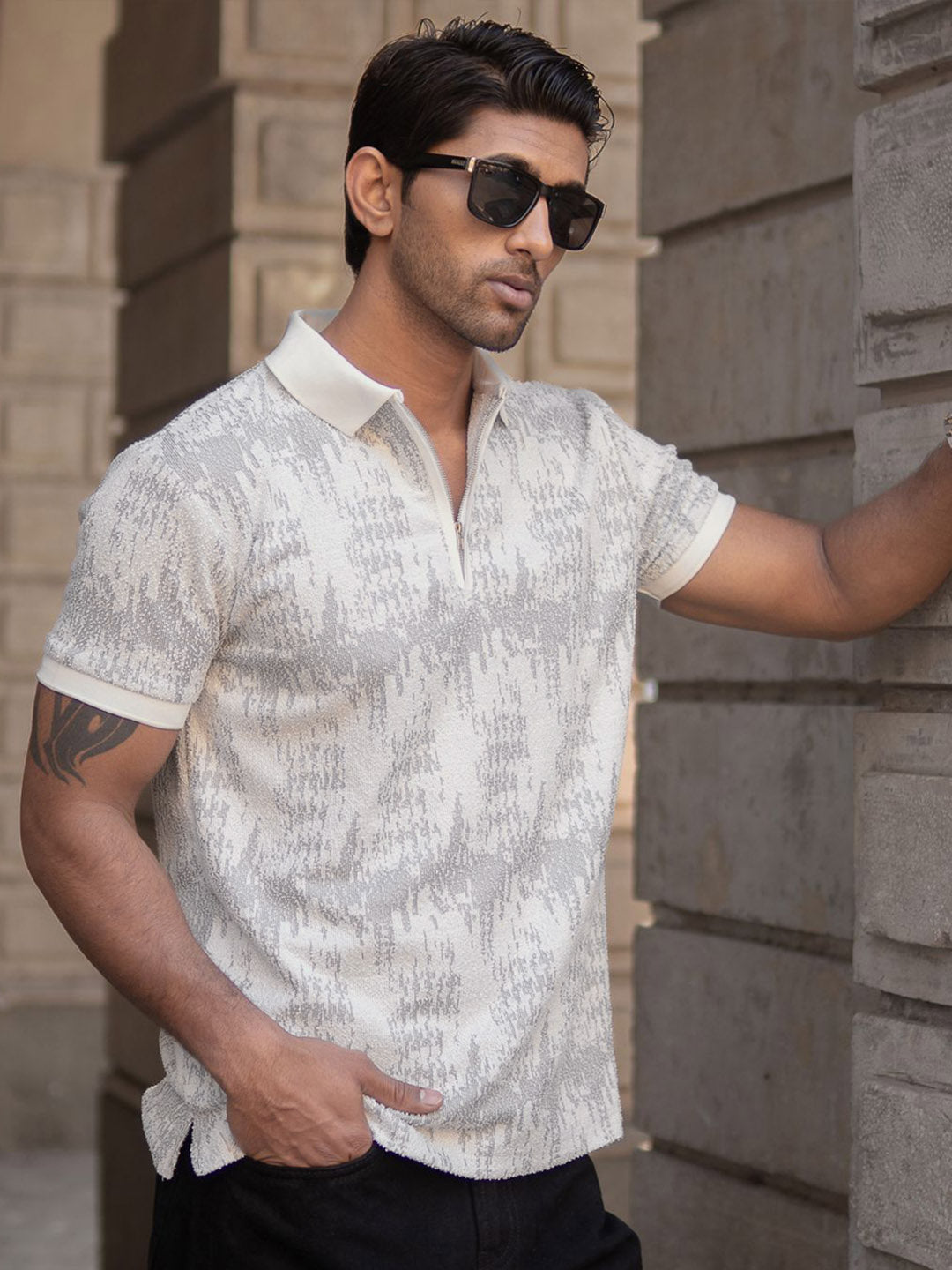 Powerlook Men Abstract Printed Polo Collar T-shirt