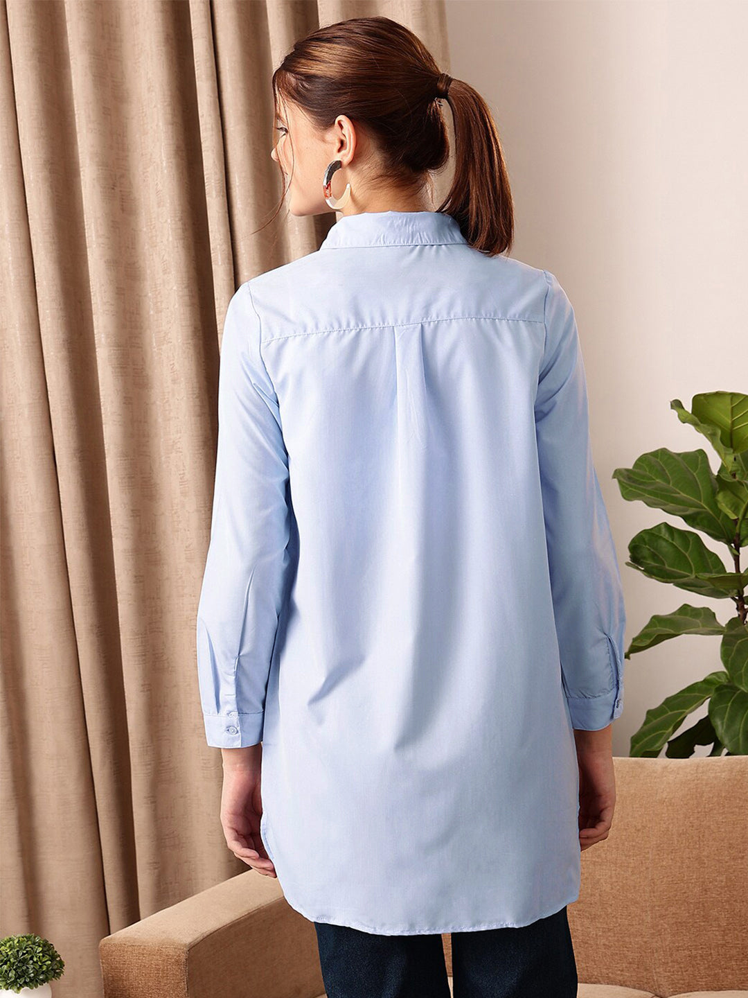 STREET 9 Blue Comfort Spread Collar Cotton Longline Oversized Casual Shirt