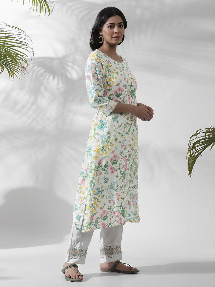 W White Floral Printed Straight Kurta
