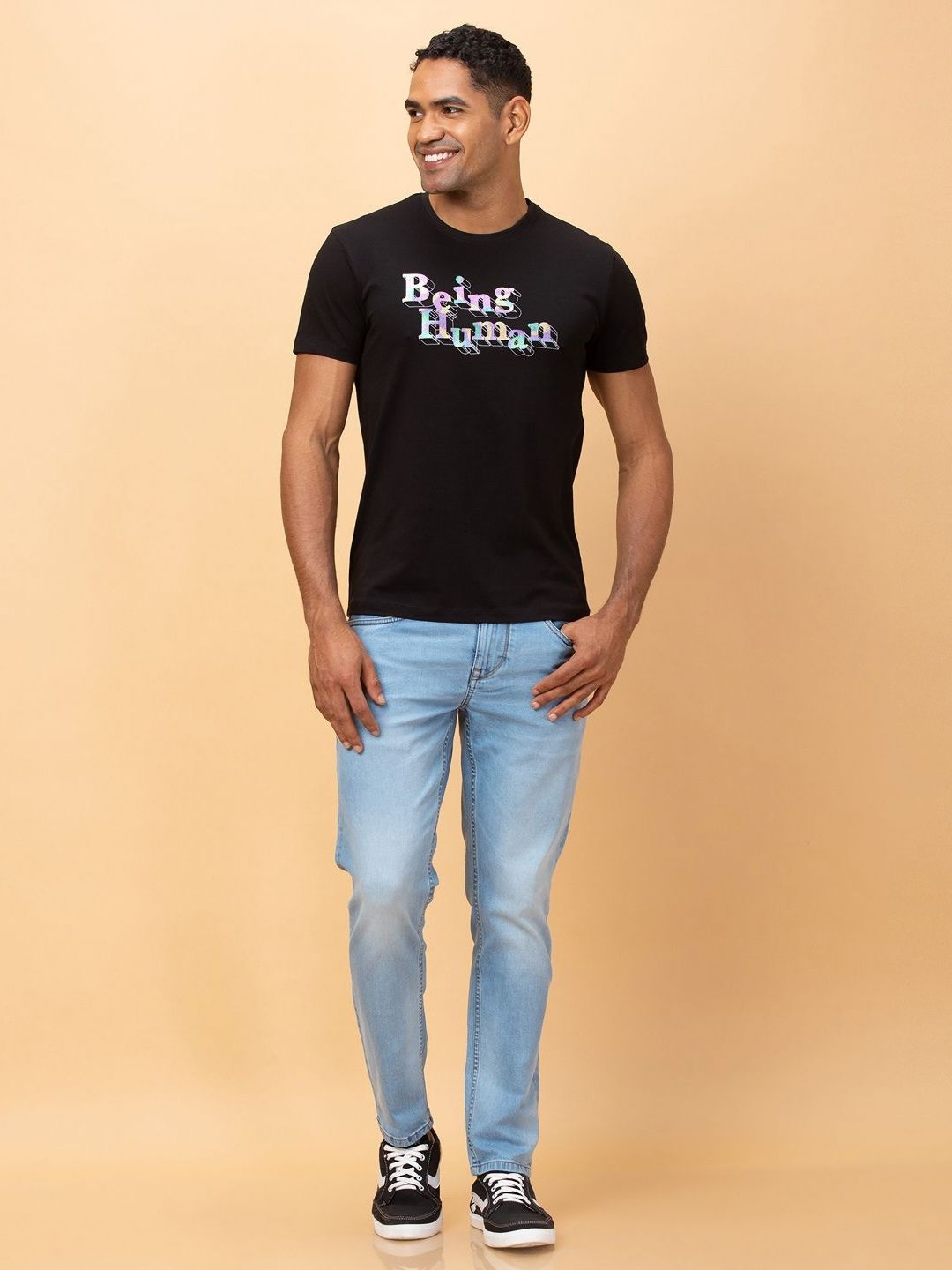 Being Human Men Printed Extended Sleeves Applique T-shirt